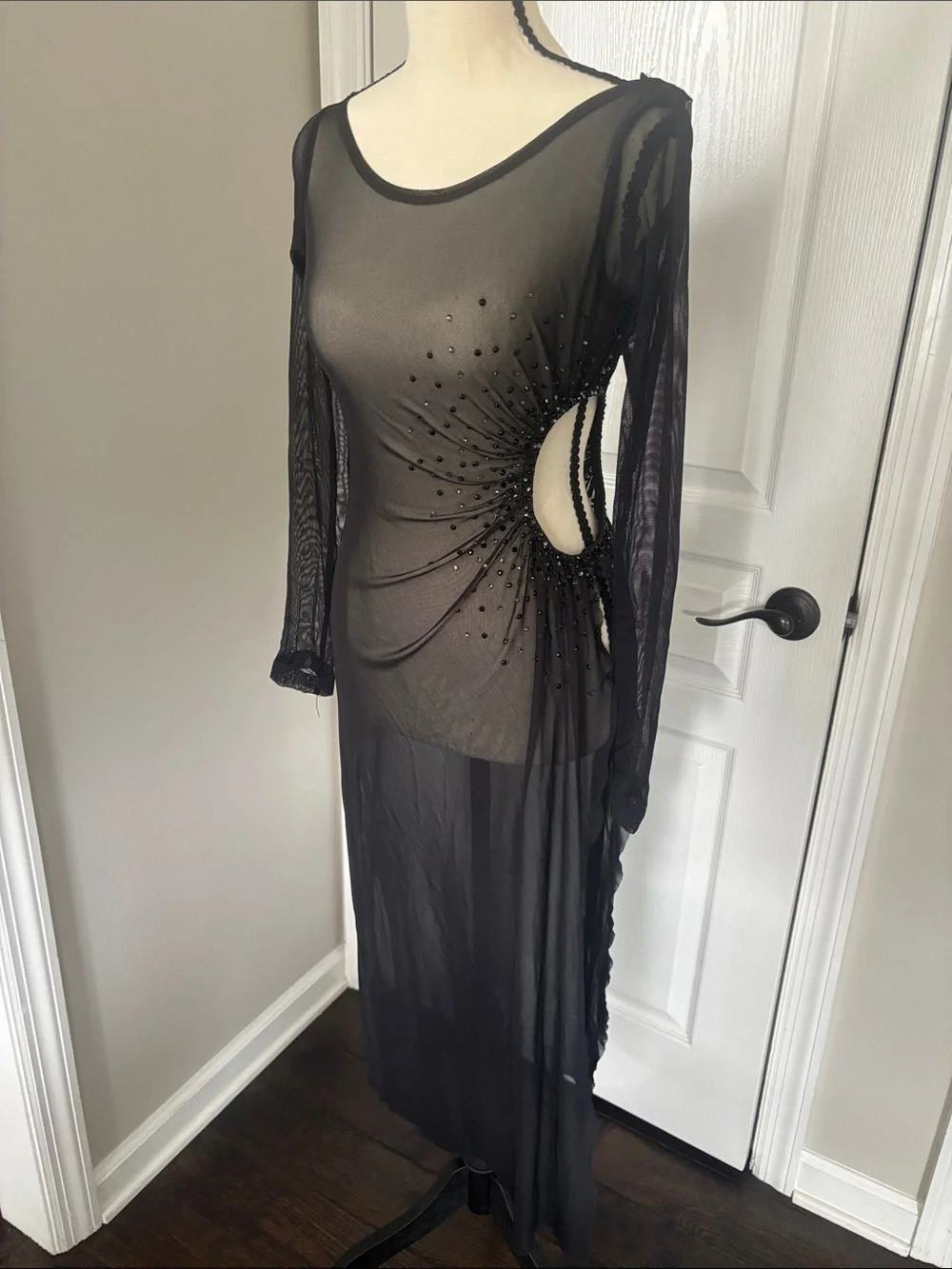 Sheer Black Long Sleeve Cutout Maxi Dress Dance Costume